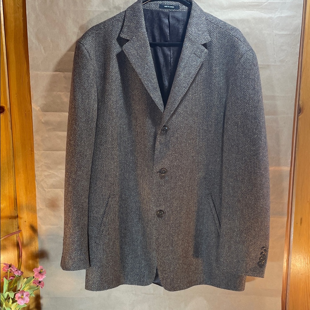 Vnt Gray Brown Herringbone Blazer 42R Empire Suits Montreal 100% wool